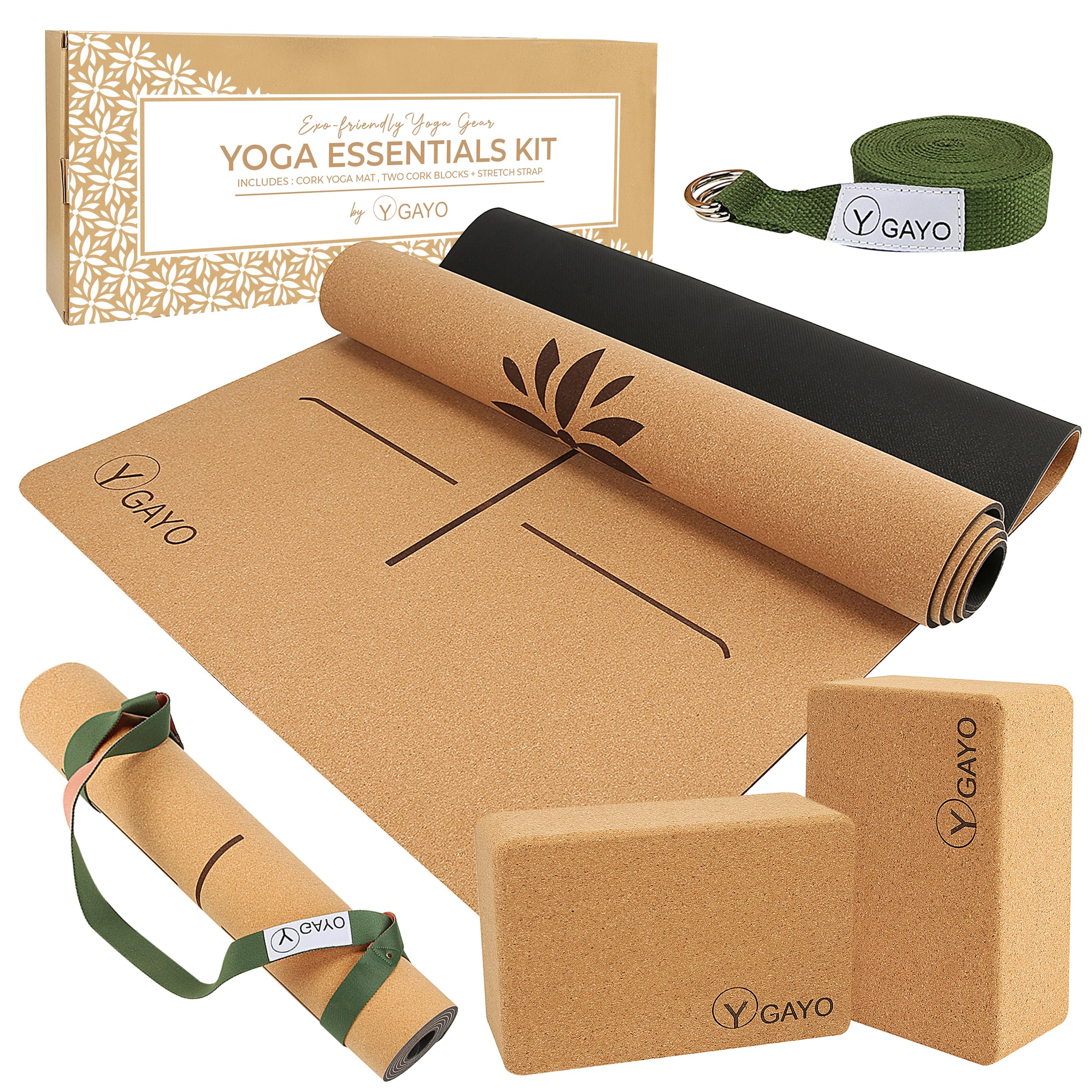 Ultimate Cork Yoga Essentials Kit: Large Mat with Alignment lines, Blocks,  Strap & Carry Strap – Gayo